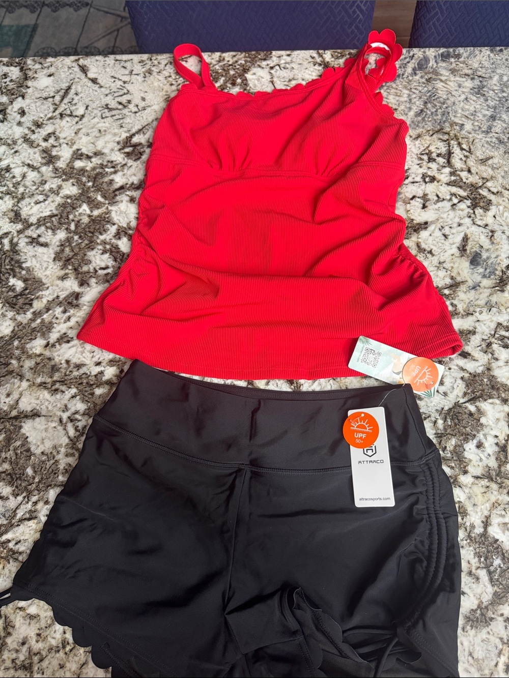 Trac Red Tankini Top with Black Swim Skort Set